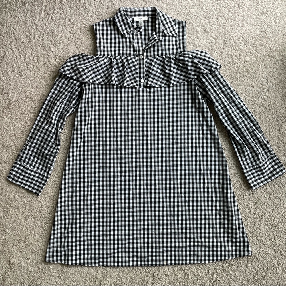 BP Gingham Cold Shoulder Ruffle Black White Collar Preppy Mini Dress Size Small